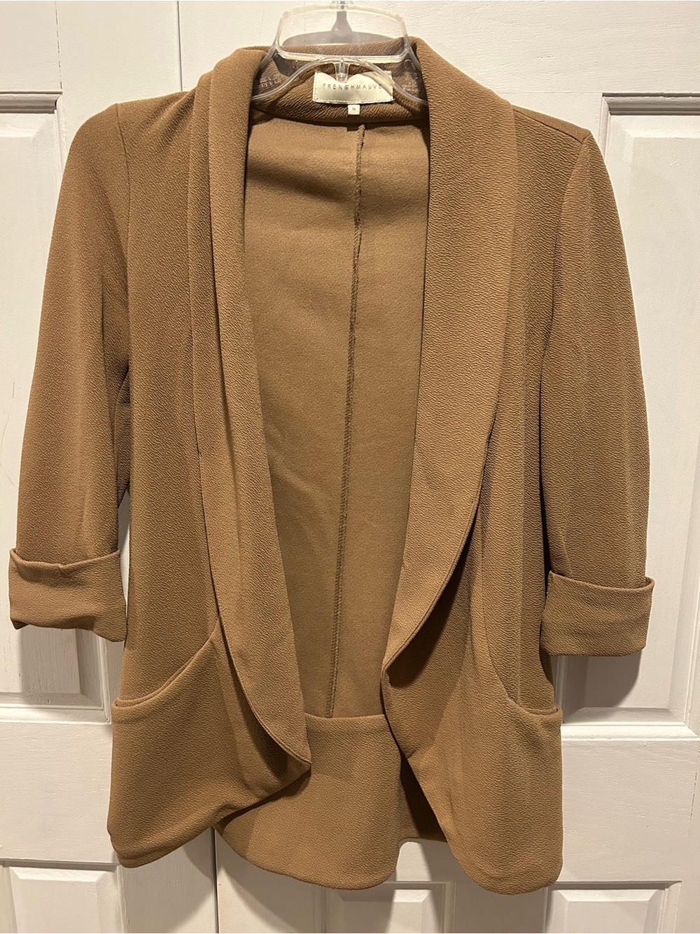 French Mauve Draped Open-Front Blazer Jacket in Camel Brown